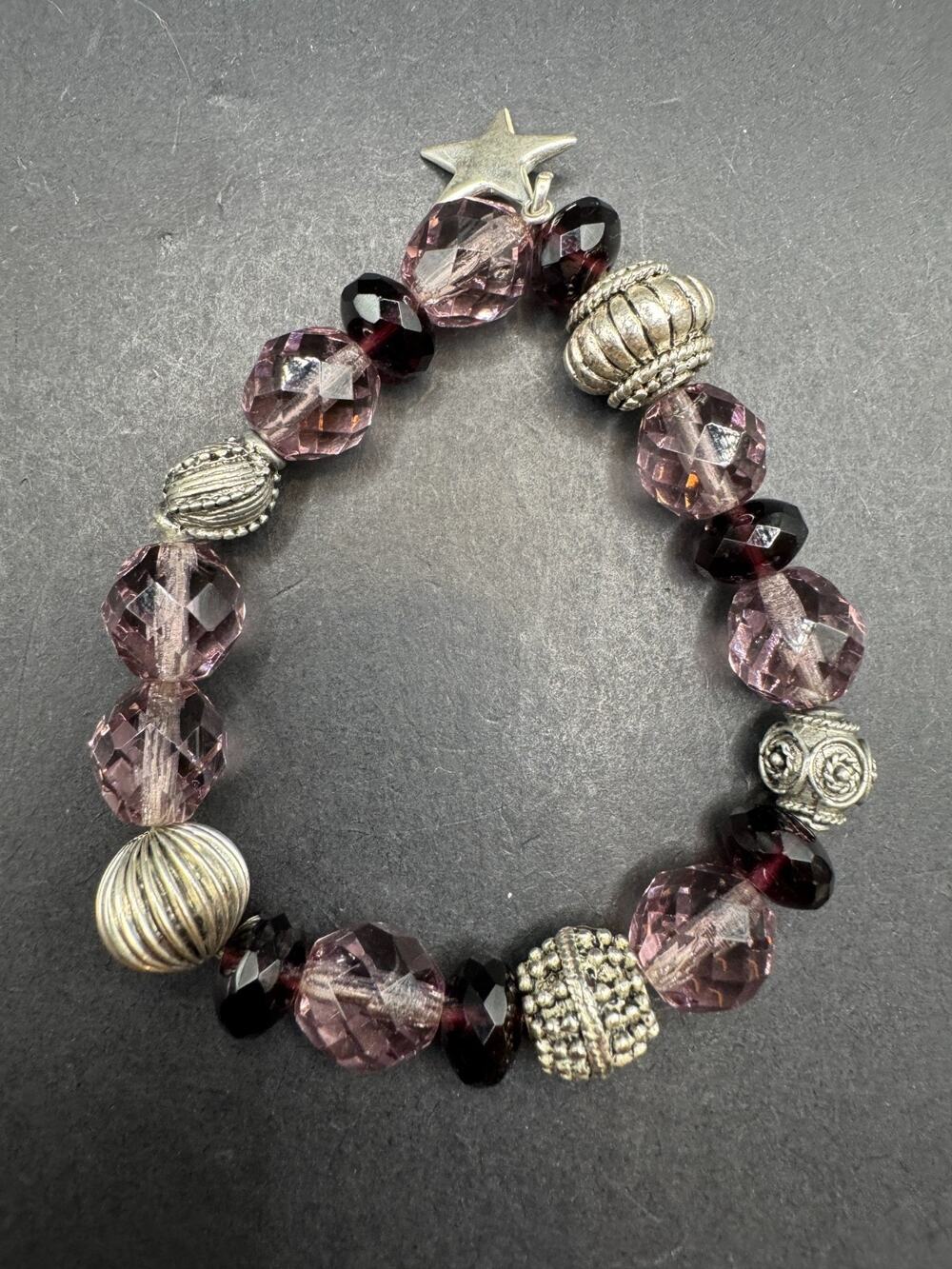 Vintage Sterling Silver 925 Purple Crystal Beaded Charm Bracelet Sz 6.5"